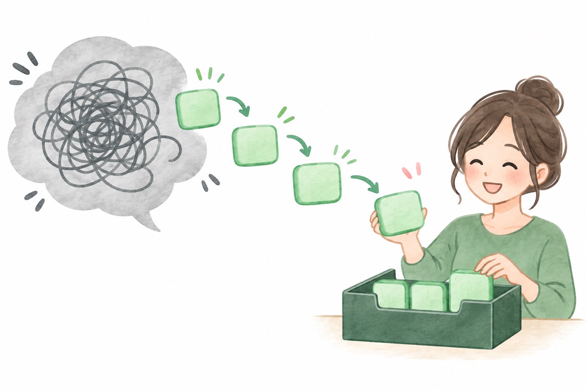 大きなもやもやした吹き出しが小さな四角に切り分けられ、1つずつ箱に入っていく様子のイラスト。