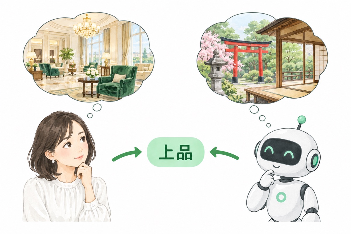 中央に「上品」という言葉があり、左の人は洋風ホテルのラウンジを、右のAIは和風の神社や旅館を思い浮かべている図。