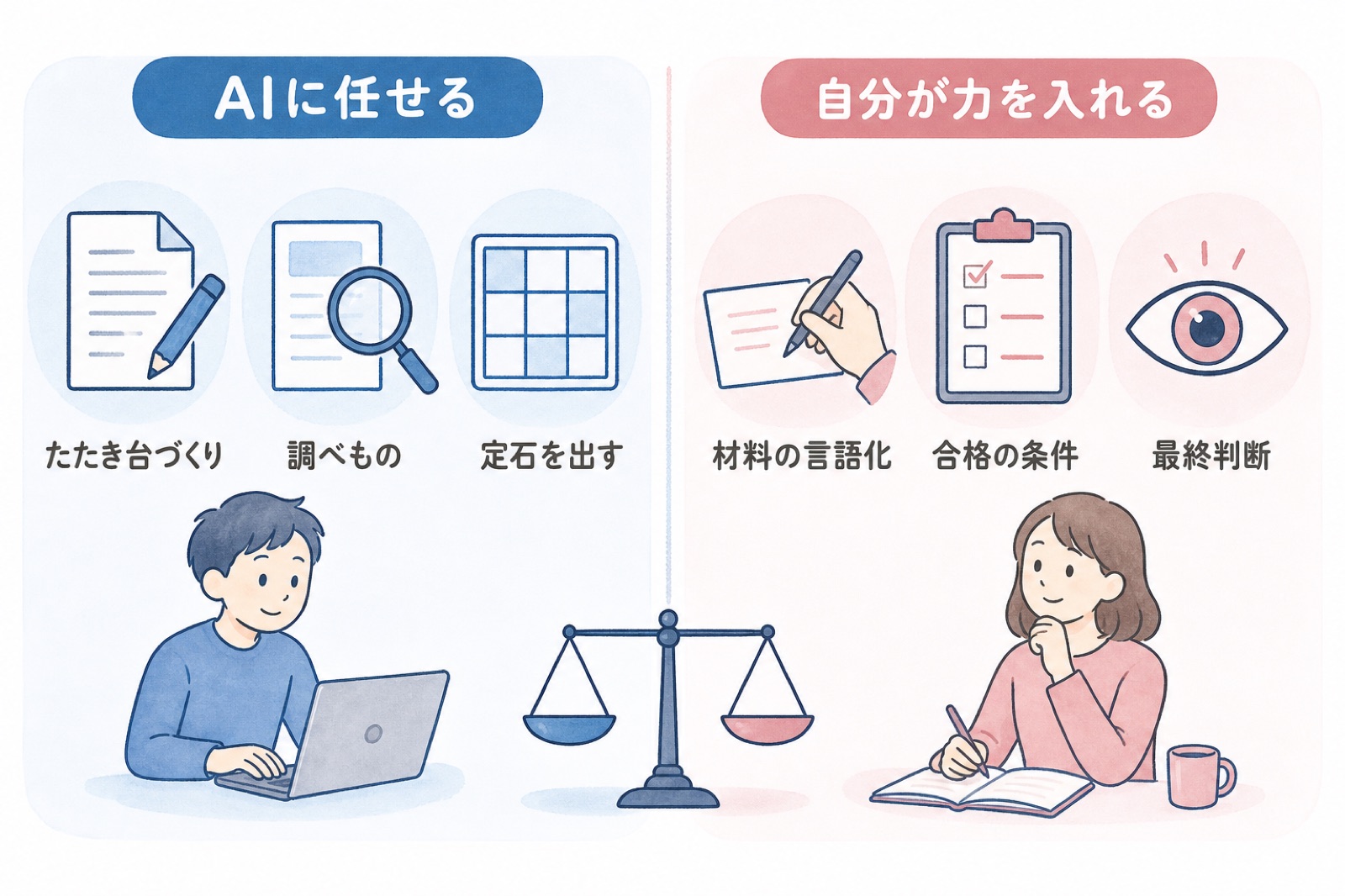 左はAIに任せること(たたき台づくり・調べもの・定石を出す)。右は自分が力を入れること(材料の言語化・合格の条件・最終判断)。