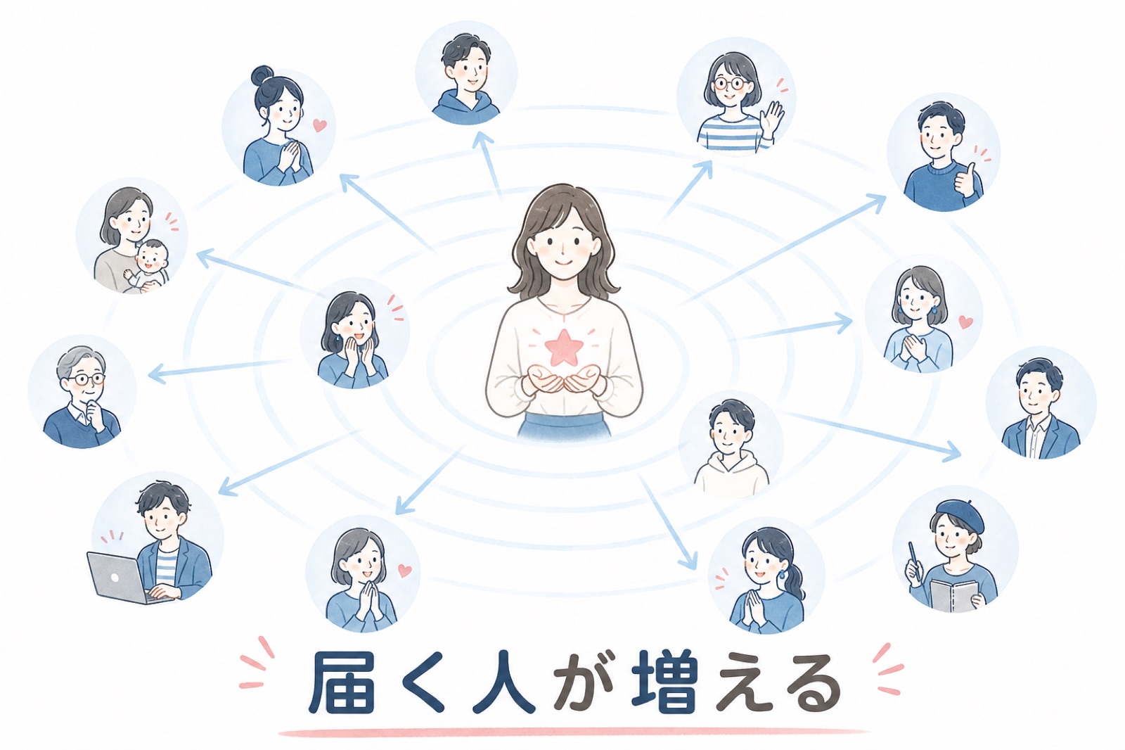 中心に立つ人からやわらかい波紋が広がり、周囲のさまざまな人へ届いていく図。下に「届く人が増える」の文字。
